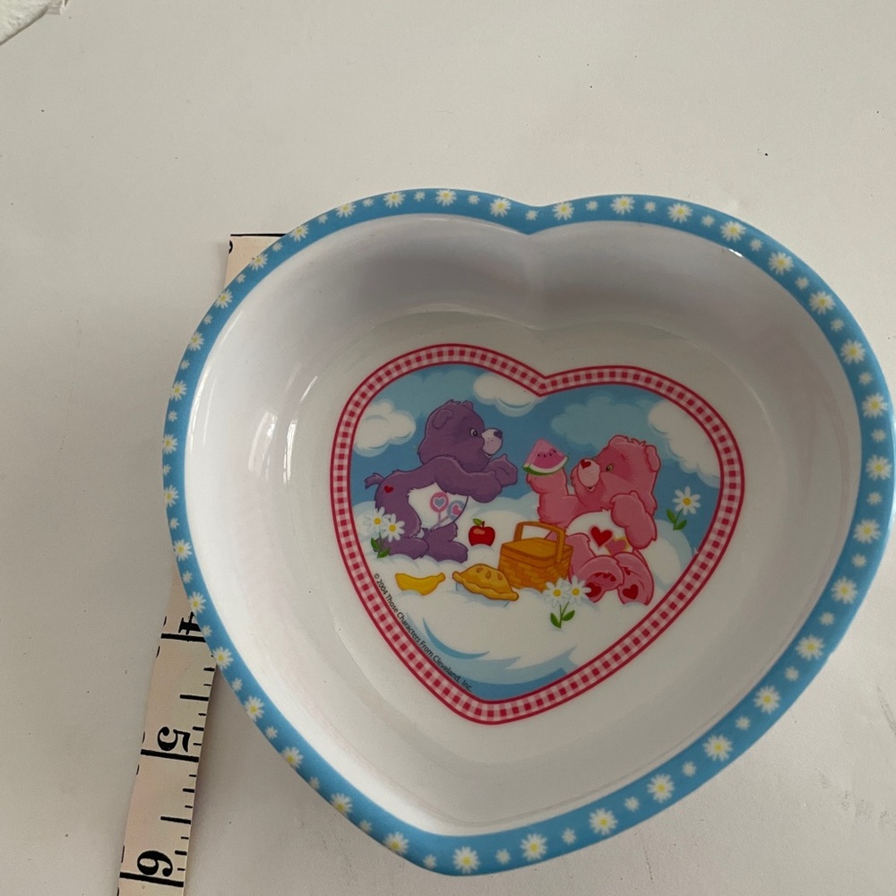 VTG Heart-Shaped Bowl with Care Bear Design Blue Daisy trim. Retro Kids Dishware - Picture 3 of 6